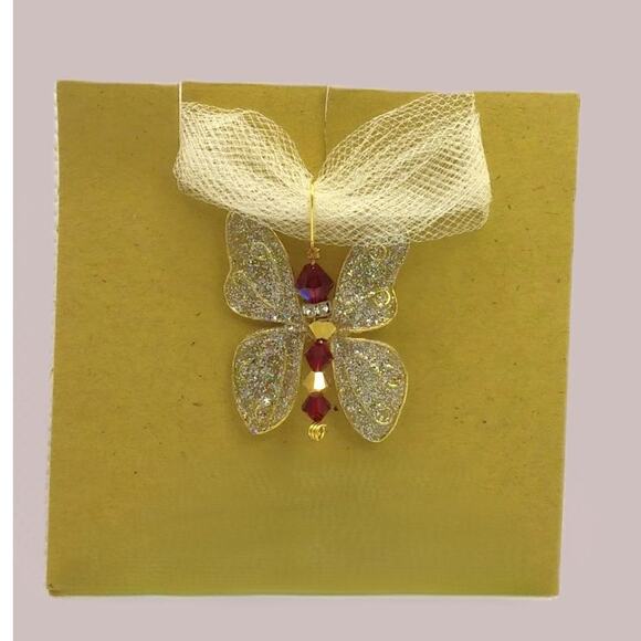 Artisan Whimsical Winged Butterfly Pendant Swarovski Red Gold Crystal Necklace - Picture 5 of 12
